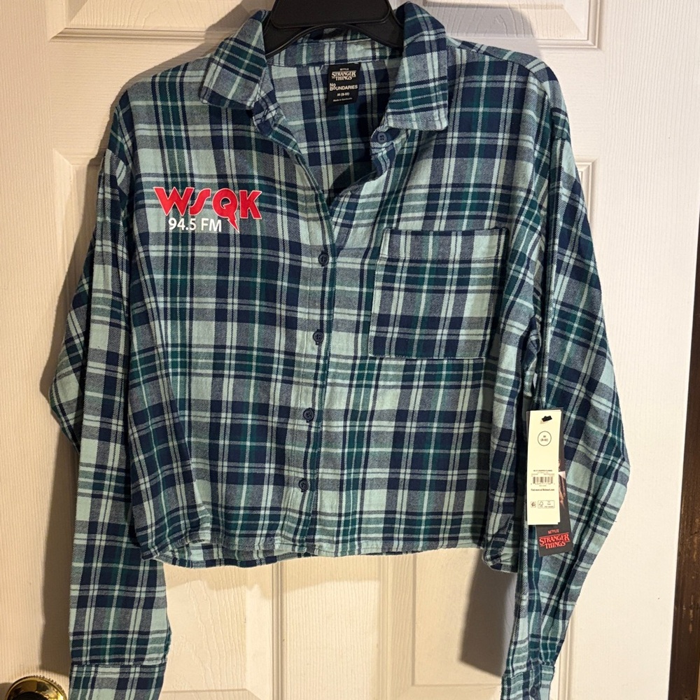 Stranger Things WSQK 94.5 FM Plaid Button-Up Shirt - Blue/Teal NWT Medium